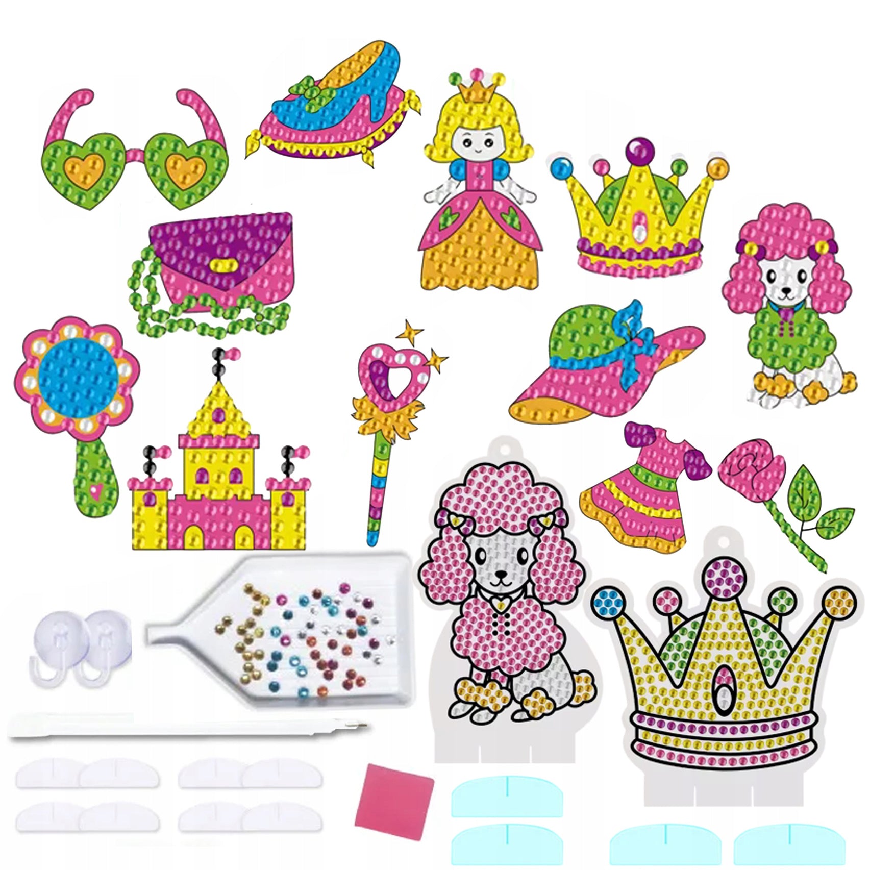 Set creativ 12 stickere mozaic cu diamante, Zola, model printesa, autocolante cu sablon, diamante, aplicator, tavita, 2 ventuze Set creativ 12 stickere mozaic cu diamante, Zola, model printesa, autocolante cu sablon, diamante, aplicator, tavita, 2 ventuze